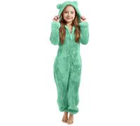 Fleece Overall Onesie Kinder Mädchen Jungen Einteiler Schlafanzug mit Kapuze und Reißverschluss Einfarbig Pigiama Weich Bequem Warm Plüsch Jumpsuit Kuschelig Schlafoverall Kinder Von 2-14 Jahre, verde