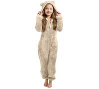 Fleece Overall Onesie Kinder Mädchen Jungen Einteiler Schlafanzug mit Kapuze und Reißverschluss Einfarbig Pigiama Weich Bequem Warm Plüsch Jumpsuit Kuschelig Schlafoverall Kinder Von 2-14 Jahre, beige