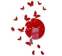 FLEXISTYLE Grande orologio da parete moderno a forma di farfalla, rotondo, 30 cm, 15 farfalle, soggiorno, camera da letto, cameretta dei bambini, prodotto nell'UE (rosso)