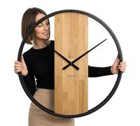 FLEXISTYLE Orologio da parete grande, ovale, senza ticchettio, stile LOFT in metallo e legno, 3D, misura XXL, adatto per bagno e soggiorno, colore nero (diametro di 80 cm)