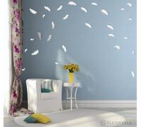 FLEXISTYLE Specchio Decorativo a Forma di Piume, Design Moderno, 3 mm Specchio in Acrilico dall'UE, Soggiorno, Camera da Letto, corridoio, infrangibile, Decorazione per la casa Fai da Te, Argento