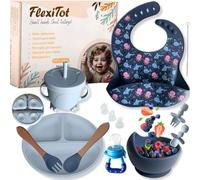 FlexiTot - Set di stoviglie per bebè in silicone | Piatti per bebè con ventosa, posate, bicchiere, bavaglino regolabile e ciuccio frutta per bebè | Ideale per BLW e alimentazione complementare