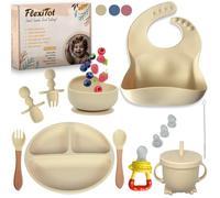 FlexiTot | set pappa svezzamento | piatto svezzamento con ventosa per bambini | bicchiere bambino con cannuccia | ciotola per bambini | posate per bambini | +6 mesi (beige)