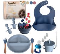FlexiTot | set pappa svezzamento | piatto svezzamento con ventosa per bambini | bicchiere bambino con cannuccia | ciotola per bambini | posate per bambini | +6 mesi (blu)