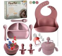 FlexiTot | Set prima pappa svezzamento - Cucchiaio silicone, bicchiere, contenitore frutta, piatto con ventosa, babero impermeabile, ciotola antiscivolo, accessori BLW | 6+ mesi | Rosa |Senza BPA