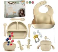 FlexiTot | Set prima pappa svezzamento - Cucchiaio silicone, bicchiere, contenitore frutta, piatto con ventosa, babero impermeabile, ciotola antiscivolo, accessori BLW | 6+ mesi | Beige |Senza BPA