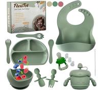 FlexiTot | Set prima pappa svezzamento - Cucchiaio silicone, bicchiere, contenitore frutta, piatto con ventosa, babero impermeabile, ciotola antiscivolo, accessori BLW | 6+ mesi | Verde |Senza BPA