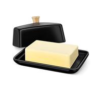 Flexzion Burriera Europea in Ceramica Nera con Coperchio per Piano Cucina (18 cm) - Contenitore Larga per 2 Panetti di Burro, Portacrema Spalmabile