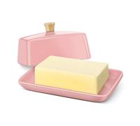 Flexzion Burriera Europea in Ceramica Rosa con Coperchio per Piano Cucina (18 cm) - Contenitore Larga per 2 Panetti di Burro, Portacrema Spalmabile