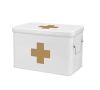 Flexzion Kit di forniture per medicinali di primo soccorso, contenitore vuoto in metallo bianco da 33 cm, contenitore rigido con vassoio rimovibile, croce dorata, scatole antiche vintage per casa,