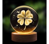 Flexzion Lampada notturna a forma di trifoglio 3D con sfera di cristallo da 60 mm, lampada a LED con base in legno di faggio massiccio, luminosità regolabile alimentata tramite USB, portafortuna