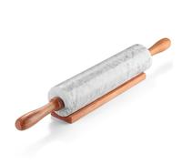 Flexzion Mattarello in marmo bianco, 25,4 cm, con manico in legno e supporto base, mattarello in marmo per pasticceria, pizza, impasto, fondente, biscotti, crosta, pasta, pasticceria