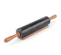 Flexzion Mattarello in marmo nero, 25,4 cm, con manico in legno e supporto base, mattarello in marmo per pasticceria, pizza, impasto, fondente, biscotti, crosta, pasta, pasticceria
