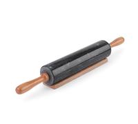 Flexzion Mattarello in marmo nero, 25,4 cm, con manico in legno e supporto base, mattarello in marmo per pasticceria, pizza, impasto, fondente, biscotti, crosta, pasta, pasticceria