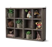 Flexzion Mensola in legno a 12 scomparti, da appendere, in legno rustico, marrone, con scomparti a scompartimento, versatile con linguette di montaggio ad anello a D