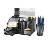 Flexzion Organizer da scrivania in rete metallica nera per ufficio, accessori da scrivania, set per donne, uomini, studenti, 6 scomparti con cassetto e portapenne, organizer da scrivania per lavoro
