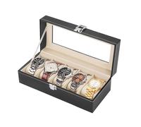 Flexzion Porta orologi per uomini donne, Scatola cofanetto per gioielli orologio con finestra a specchio, Custodia organizer case astuccio in pelle sintetica PU cuscini in velluto nera (5 posti)