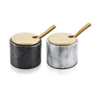 Flexzion Saliera in marmo con coperchio e cucchiaio, ciotole per sale e pepe con cuscinetto antiscivolo, contenitore in marmo per paprika, erbe, gioielli (set da 2, nero e bianco)