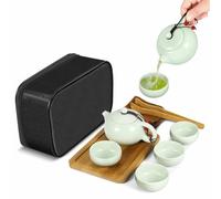 Flexzion Set da tè cinese giapponese vintage Kungfu Gongfu Teiera portatile da viaggio, (verde giada celadon/Greenware) Teiera in ceramica di porcellana, 4 tazze da tè, vassoio da tè in bambù,