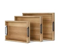 Flexzion Set di 3 vassoi da portata rustici, impilabili in legno di abete con manico, vassoio per la colazione in legno, vassoio per salumi annidato resistente, per tavolino ottomano, set di vassoi