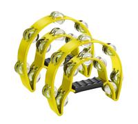 Flexzion Tamburello in metallo a mezza luna strumenti musicali a doppia fila in metallo Jingles strumenti a percussione con impugnatura ergonomica, tamburelli per adulti, confezione da 2, giallo