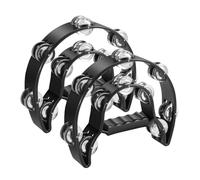 Flexzion Tamburello in metallo a mezza luna strumenti musicali a doppia fila in metallo Jingles strumenti a percussione con impugnatura ergonomica, tamburelli per adulti, confezione da 2, nero