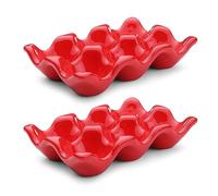Flexzion - Vassoio in ceramica per uova, capacità per 6 uova, supporto per mezza dozzina, piatto decorativo rosso e organizzatore di stoccaggio, confezione da 2