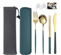 Fleymu Set 4 Pezzi di Acciaio Inossidabile Posate Set, Utensili da Viaggio Per Posate Campeggio con Custodia e Borsa, Set di Bacchette per Cucchiaio Forchetta Coltello per Ufficio, Scuola(Verde-oro)