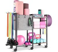 FLFLF Scaffale portaoggetti per tappetino da yoga con ruote e ganci, in acciaio resistente, organizer per attrezzature fitness per manubri, kettlebell, rulli in schiuma, regolabile, soluzione