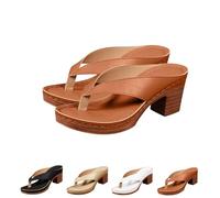FLFXYFB 2025 Women's Solid Color Summer Chunky Heel Sandals, Chunky Sandals For Women, Casual Square Toe Flip Flops Shoes Wedges (39,Brown)