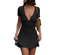 FLFXYFB Women Elegant Plunge V Neck Button Down Knitted Mini Dress Knit Mini Dress 90s Front Button up Knitted Deep V Neck Dress (Black,S)