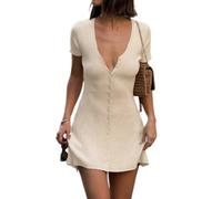 FLFXYFB Women Elegant Plunge V Neck Button Down Knitted Mini Dress Knit Mini Dress 90s Front Button up Knitted Deep V Neck Dress (Beige,S)