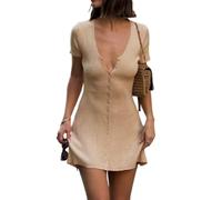 FLFXYFB Women Elegant Plunge V Neck Button Down Knitted Mini Dress Knit Mini Dress 90s Front Button up Knitted Deep V Neck Dress (Skin,L)