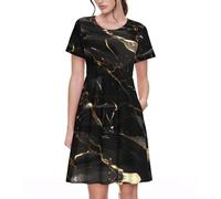 FLGHJNBJN Black Gold Marble - Abito da donna a maniche corte, elastico in vita con tasche, linea ad A, vestibilità midi per tutti i giorni, Nero , 3XL