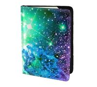 FLGHJNBJN Custodia per passaporto da viaggio con stampa galassia verde, blu, viola, con tasca porta documenti, in pelle sintetica