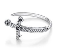 FLHEART Bracciale rigido da uomo in acciaio inossidabile, con spada argento/nero/oro con nodo celtico vichingo e zirconia cubica, braccialetto aperto in metallo, regalo per uomo, 62 mm, One Size