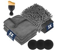 flintronic 9 Pezzi Kit Pulizia Auto, con 3 Pezzi Panno Microfibra Auto e 2 PCS Guanto Lavaggio, 3 Spugne per Lucidatura a Mano, 1 Spazzole per la Pulizia, Senza Graffi per Cura