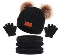 flintronic Bambini Cappello Sciarpa e Guanti, 3 in 1 Set Scaldacollo Guanti Cappello, Invernale Caldo Lavorato a Maglia Invernale Beanie per Ragazzi e Ragazze da 1-5 Anni, Nero