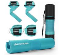 flintronic Set di Cuscinetti per Bilanciere, Cuscinetto Hip Thrust Squat Pad, Con 2 Cavigliere Cavi Palestra e Straps Palestra, Collo e Spalle Supporto Pad, per Bilancieri Olimpici e Standard-Ciano