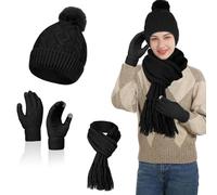 flintronic Set Guanti sciarpa Cappello 3 in 1, Berretto Invernale in Maglia Elasticizzata Calda, Ciarpa Lunga e Set Guanti Touch Screen, Regalo per Uomo Donna - Nero