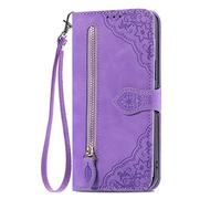 Flip Folio PU Pelle Portafoglio per ZTE Blade A72 5G Cover con chiusura magnetica,tasca con cerniera,con 7 scomparti per carte di credito,con Cinturino da Polso Magnetica Goffrato Fiore Cover Viola