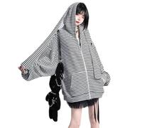Flixxo Y2K Bunny Ear Felpa con cappuccio Harajuku Kawaii a righe Zip Up Felpa Vintage Baggy Felpa Punk Streetwear Giacche Abbigliamento Goth, nero, Small