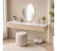 Floating Makeup Vanity, Wall Mounted Vanity Desk, Hanging Dressing Table | Fully Assembled Solid Wood Core, Rounded Edges And Included Hardware Simplify Wall Installation(M-Khaki,63.0"/160cm)