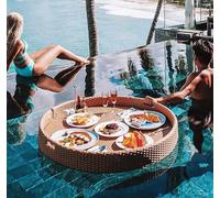 Floating Pool Tray, Rattan Table, Breakfast Tray on the Water, Bar, Suitable for Food and Drink,Beige
