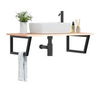 Floating Vanity Shelf with Steel Brackets, Solid Oak Wood Top, 100 x 60 x 2 cm, Space-Saving Sink Countertop, Black Industrial Design for Small Bathroom, Easy Assembly