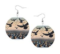 Flock of Birds - Orecchini rotondi in pelle PVC stampata su entrambi i lati, con ganci placcati in argento 925, taglia unica, argento Sterling, pietra dorata, taglia unica, argento Sterling, One Size
