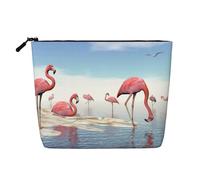 Flock of Pink Flamingos On The Beach Print Makeup Bag per donne, borsa cosmetica portatile da toilette, capiente organizer da viaggio per trucchi, Nero , Taglia unica