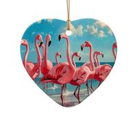 Flock of Pink Flamingos On The Beach Print Xmas Ceramic Star Heart Shaped Christmas Tree Decor for Home Office Holiday Hanging