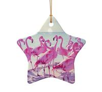 Flock of Pink Flamingos On The Beach Print Xmas Ceramic Star Heart Shaped Christmas Tree Decor for Home Office Holiday Hanging
