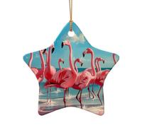 Flock of Pink Flamingos On The Beach Print Xmas Ceramic Star Heart Shaped Christmas Tree Decor for Home Office Holiday Hanging
